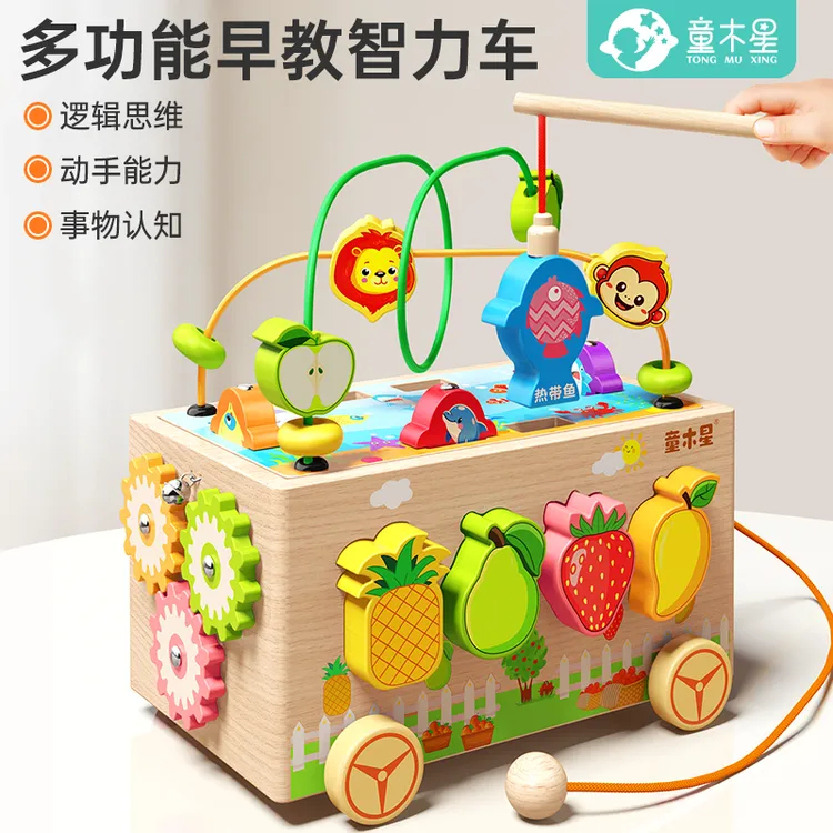 多功能木制智力车3-6岁儿童早教益智绕珠水果配对积木幼儿百宝箱