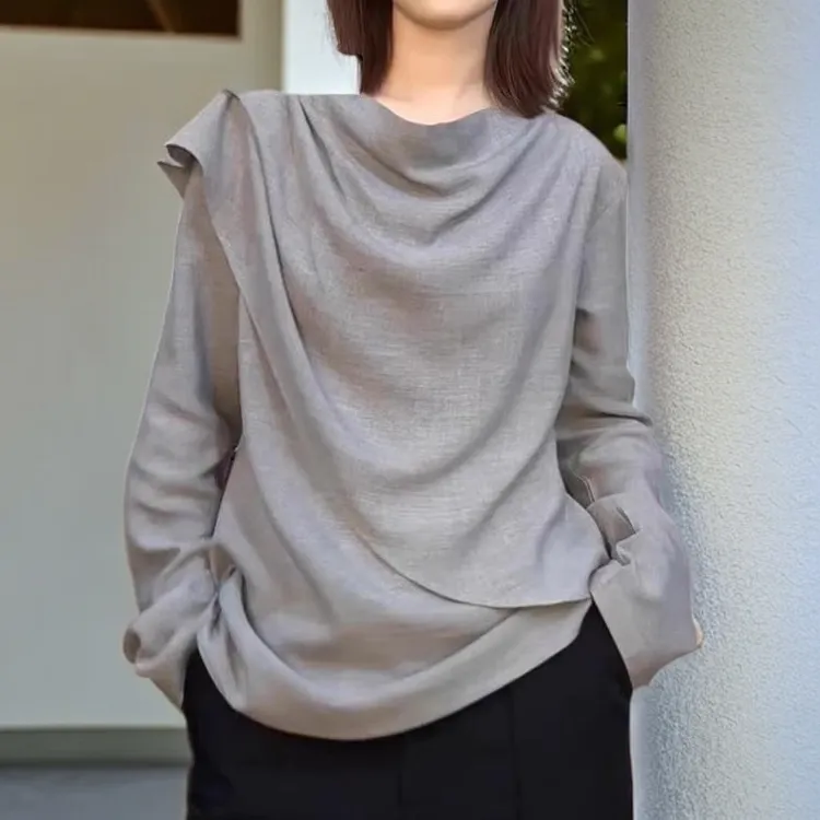 GiftPalm秋季新款大码荷叶领长袖T恤女装洋气独特不规则宽松休闲