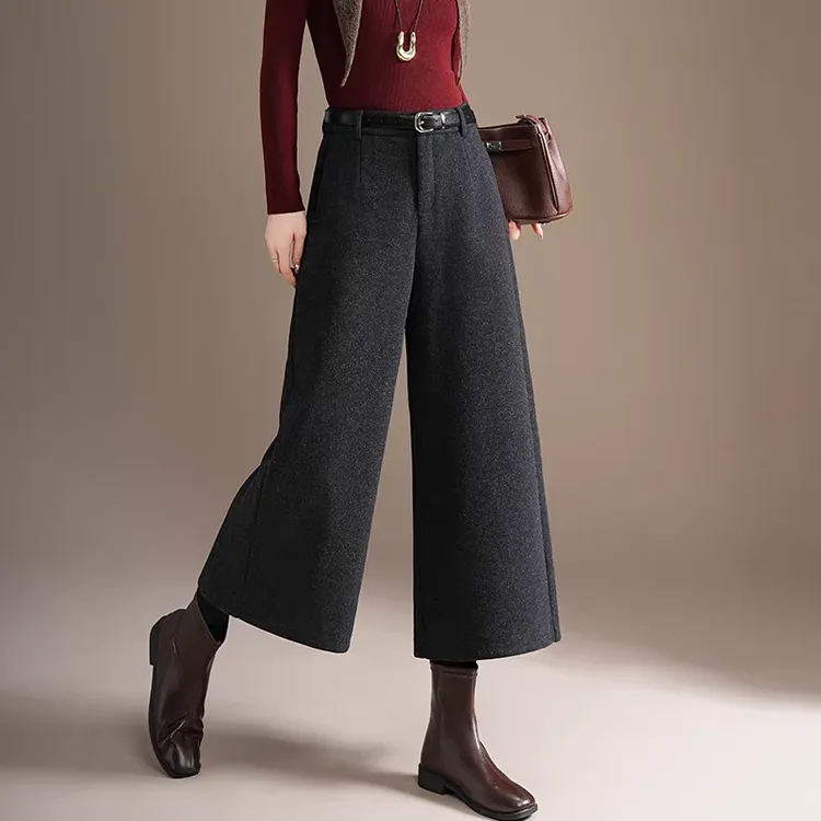 时尚毛呢八九分阔腿裤女高腰秋冬季新款小个子百搭宽松直筒裤靴裤