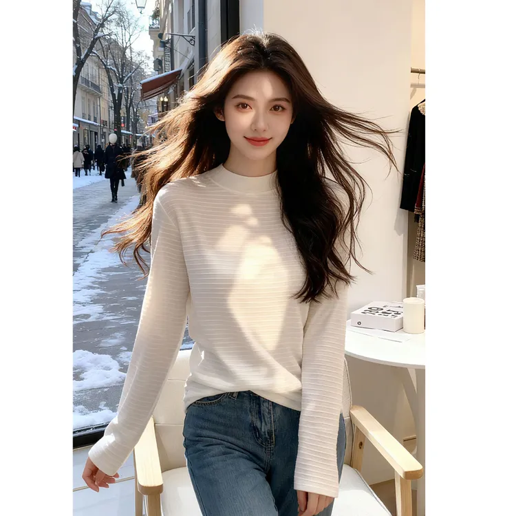 立体横条提花打底衫女2025秋冬柔软亲肤立领长袖内搭显瘦T恤上衣