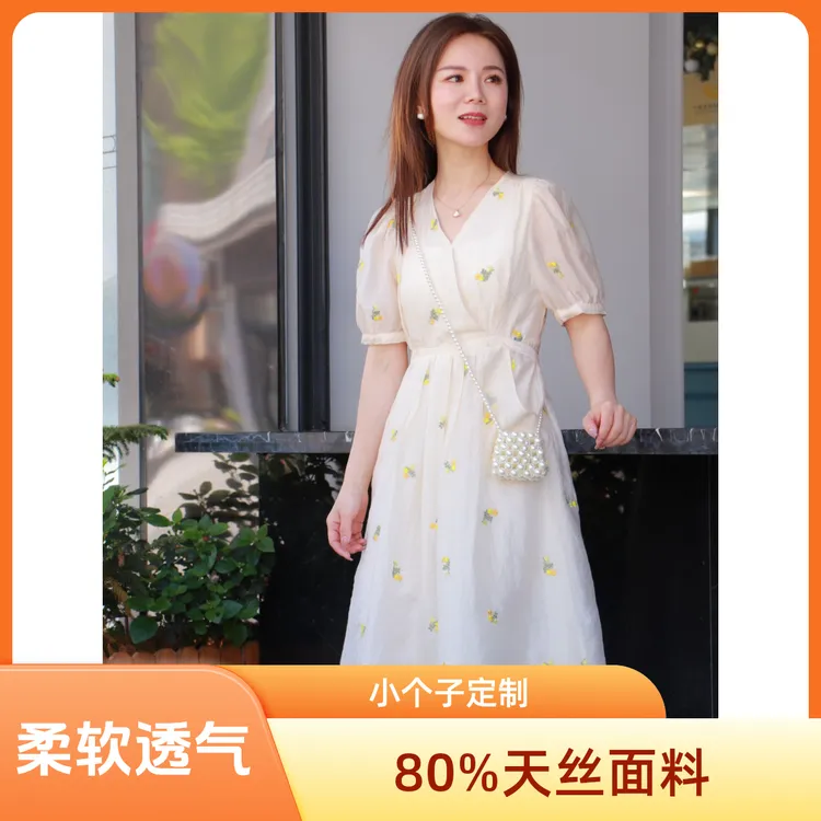 140-158小个子夏季连衣裙刺绣天丝气质温柔连衣裙柔软透气