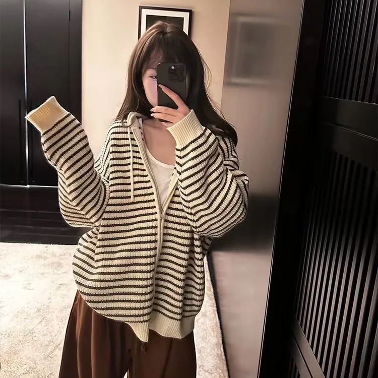 杏色抽绳连帽条纹针织开衫女秋季韩版宽松百搭上衣外套