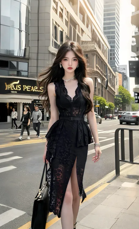 2025夏季新款时尚V领黑色性感蕾丝小众设计收腰显瘦连衣裙女辣妹