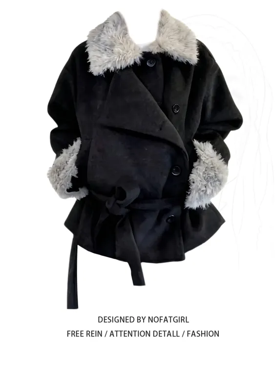 大码胖妹妹韩系高级感毛呢翻领外套秋冬新款慵懒风宽松夹克上衣女