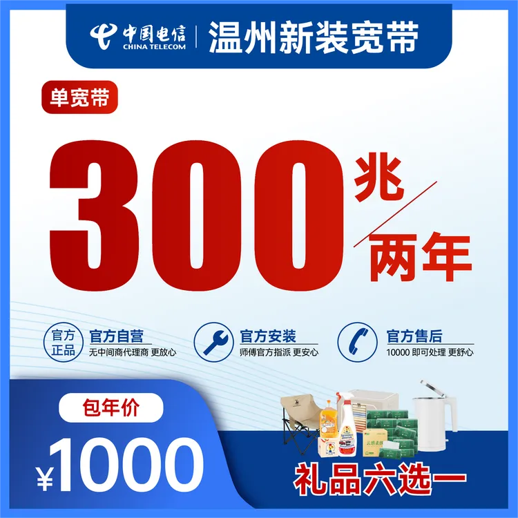 【礼遇金秋特惠】【300兆】 温州电信单独宽带  师傅上门安装套餐