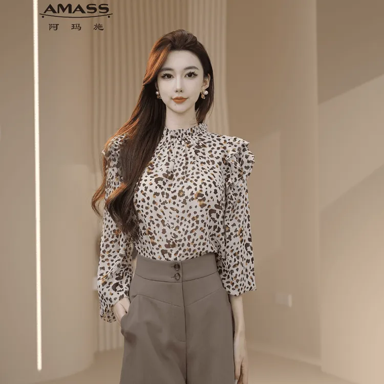 AMASS/阿玛施荷叶袖衬衣印花长袖上衣灯笼袖休闲女复古印花灯笼袖