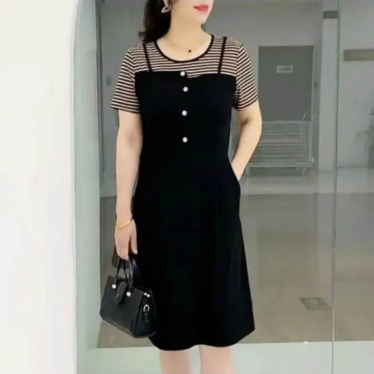 夏季新款时尚百搭条纹拼接短袖假两件连衣裙