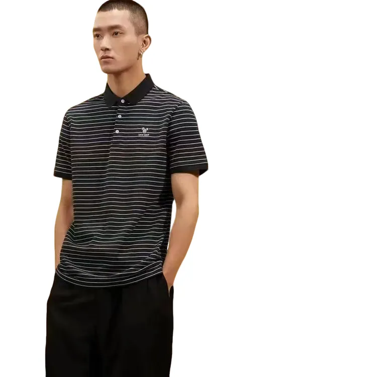 剪标小熊刺绣花胸标透气珠地条纹翻领休闲短袖POLO衫T恤男夏