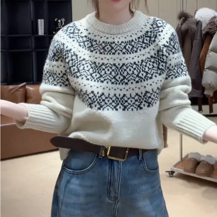费尔岛提花圆领毛衣女士秋冬季2025新款高级感上衣针织打底衫内搭