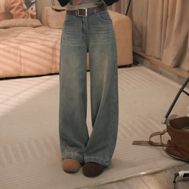 韩系加绒加厚高腰牛仔宽松显瘦牛仔阔腿裤LK2508966