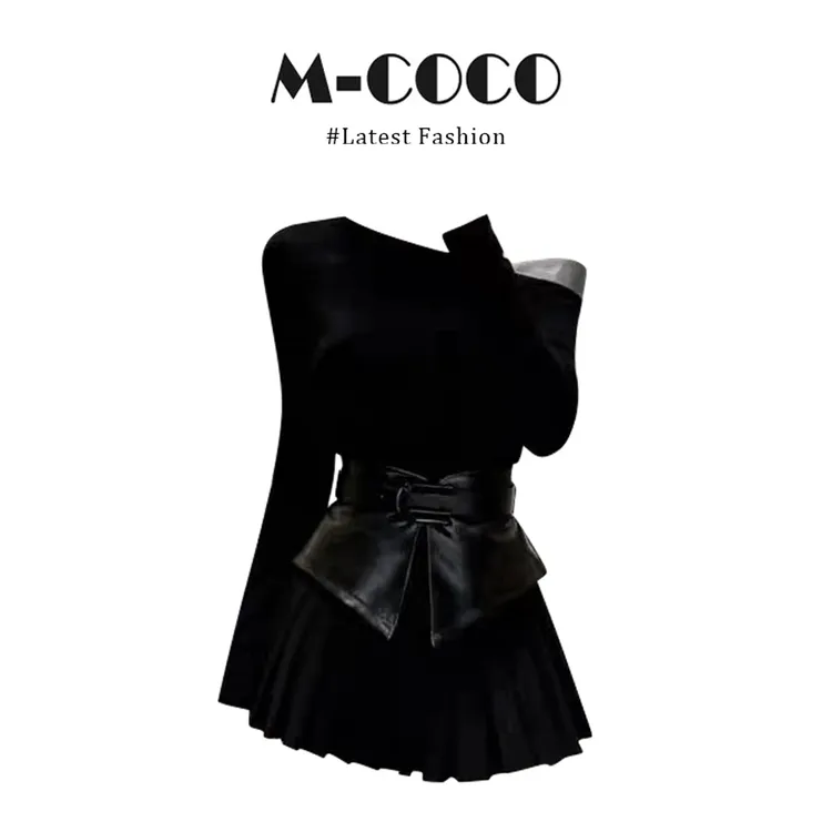 parkyeon法式赫本风黑色斜领露肩连衣裙女秋冬收腰显瘦百褶短裙