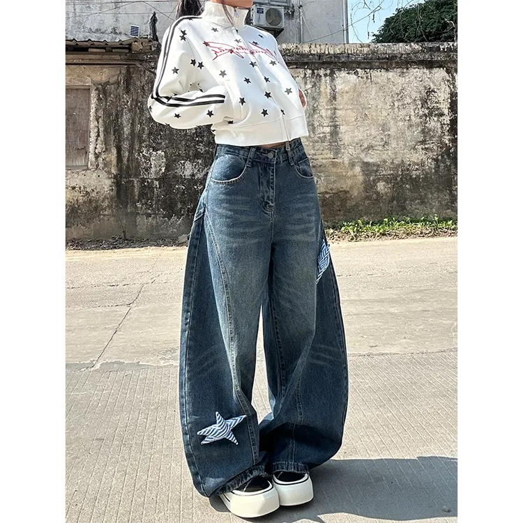 立体五角星蓝色弯刀牛仔裤裤子女款2026春季新款宽松阔腿裤拖地裤