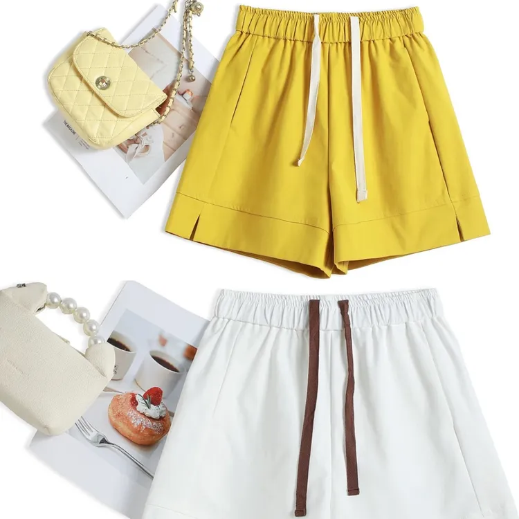 松紧腰抽绳夏季新款A字版型阔腿显瘦宽松休闲短裤刺绣2116