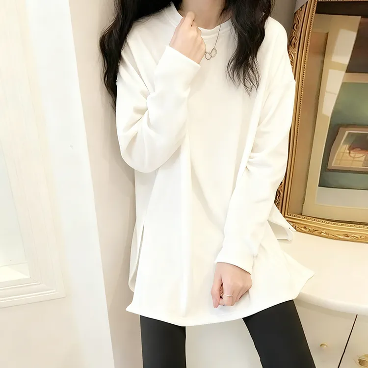 双面德绒加厚打底衫T恤女秋冬季内搭保暖宽松开叉外穿中长款上衣