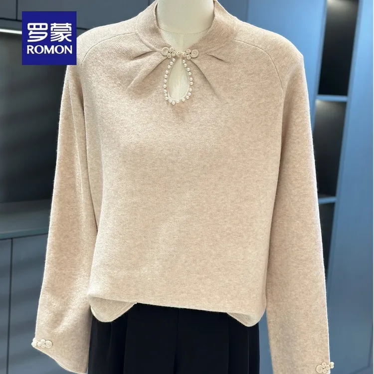 罗蒙新中式国风针织衫女打底衫妈妈2025春秋新款上衣时尚毛衣内搭
