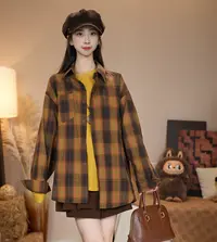广州唐乐乐~复古百搭撞色格子衬衫长袖衬衣外套TLL21513