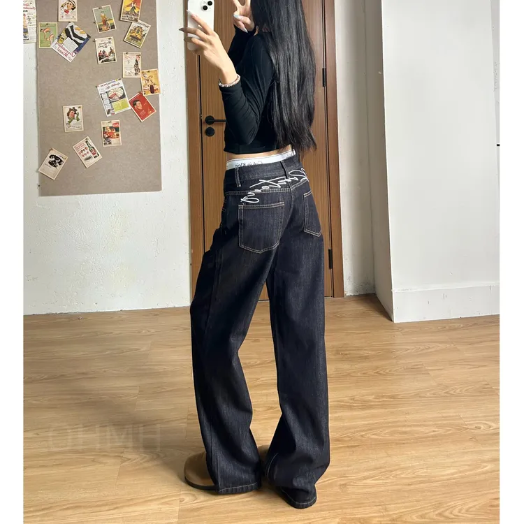 百搭刺绣梨形显瘦牛仔裤新款女秋冬季中腰直筒裤丹宁阔腿牛仔裤子