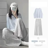 门店52&9！轻松套装」慵懒条纹显瘦百搭T恤阔腿休闲裤套装D00221