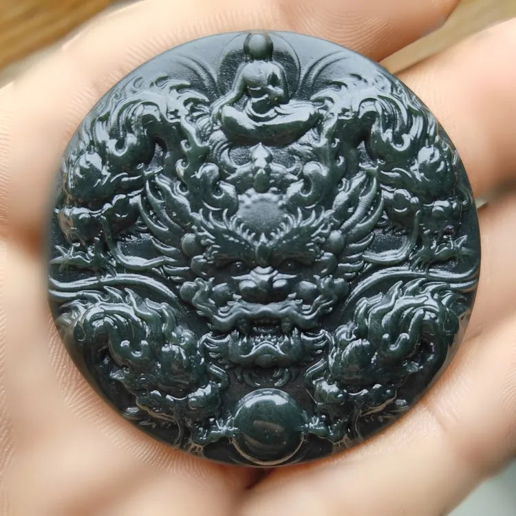 和田玉青玉圆牌九龙吊坠九龙护主双面精雕玉石挂件（多颜色发货）