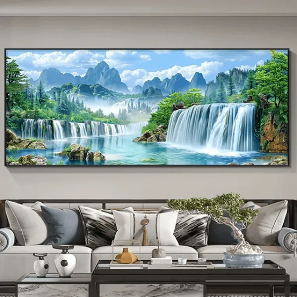 西墙山水壁画墙壁绿水青山沙发装饰画背景客厅挂画客厅背景墙挂画