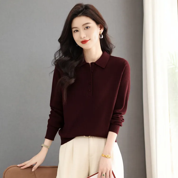 品牌女装正品羊毛衫女秋冬内搭时尚翻领上衣POLO领衬衫毛衣打底衫