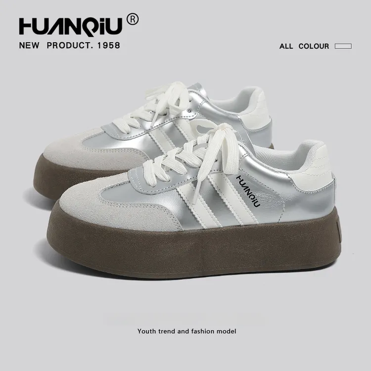 环球银色透气厚底德训鞋女款2025年新款秋冬加绒百搭鞋子休闲板鞋