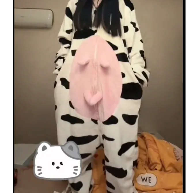 【公主】奶牛家居服法兰绒睡衣成人儿童卡套连体动物睡衣粉色秋冬季
