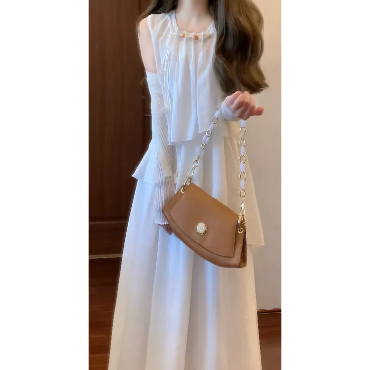 2025秋季法式高级设计感不规则连衣裙气质长裙&针织开衫外套9781