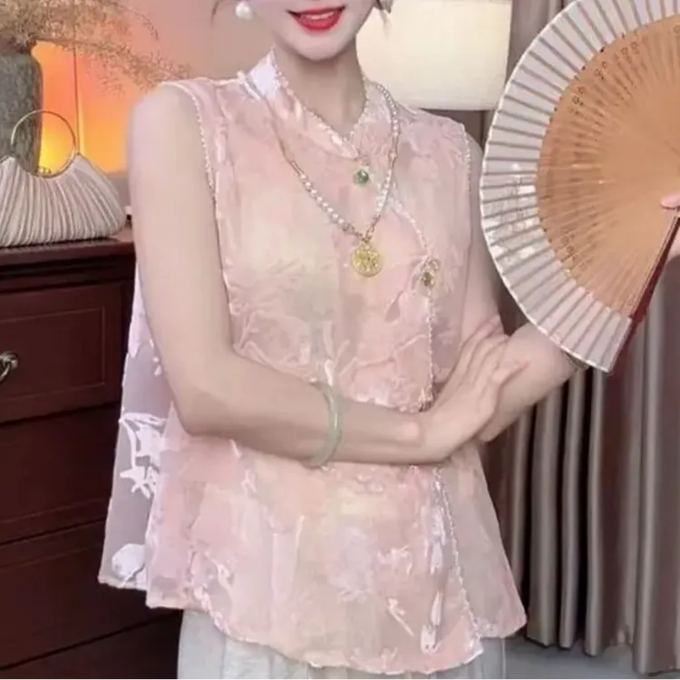 新中式夏季薄款透气绣花时尚网红减龄气质国风马甲上衣女百搭