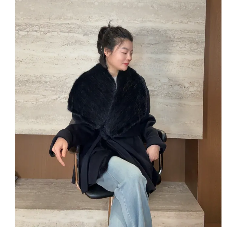 TANTAN 气质时尚秋冬中长款收腰毛领大衣4323