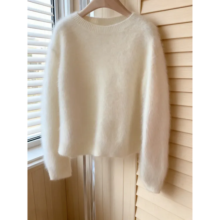 篙定面料，墙裂推荐！白色加厚针织衫女毛衣春秋冬慵懒短款圆领上衣