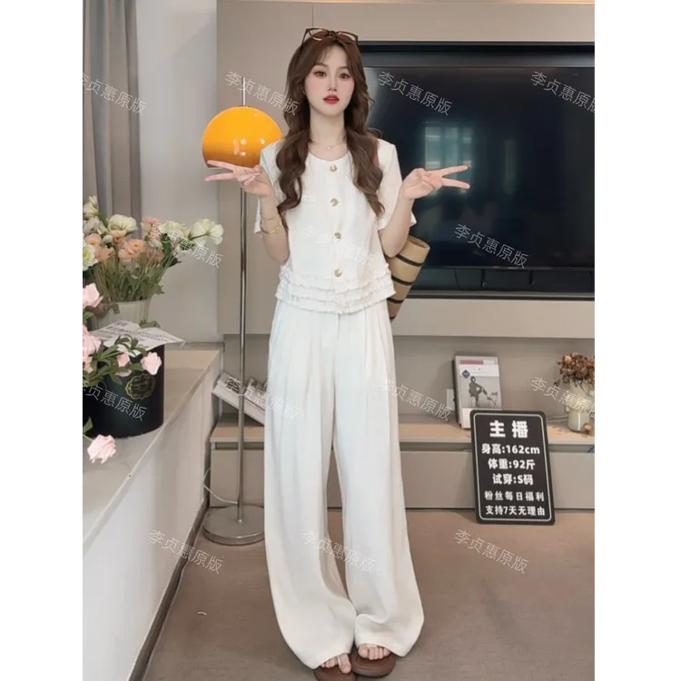 善雅/夏季夏季时尚简约平纹亚麻套装#3133上衣高腰直筒裤两件套