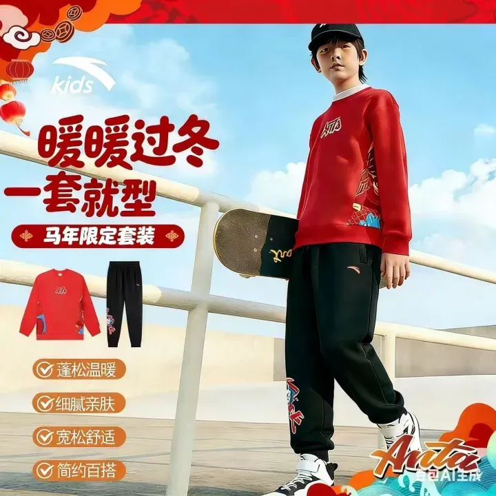 【马年新年款】安踏儿童26年新男女新年运动套装卫衣裤子拜年服-ZB
