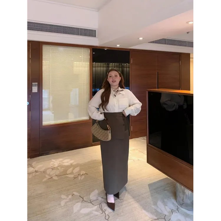 慧芝huizhi HZ197气质套装（衬衫+半裙） 定制款复古显瘦通勤套装