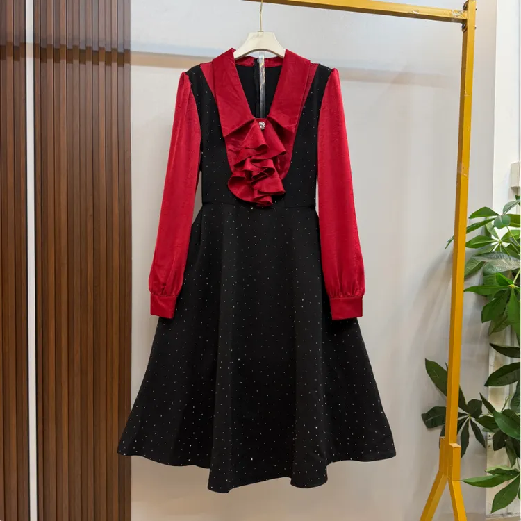 大码新款时尚假两件法式ins风长袖POLO领拼接显瘦连衣裙