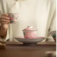 老岩泥富贵牡丹三才盖碗家用陶瓷泡茶碗高档会客泡茶器功夫茶具