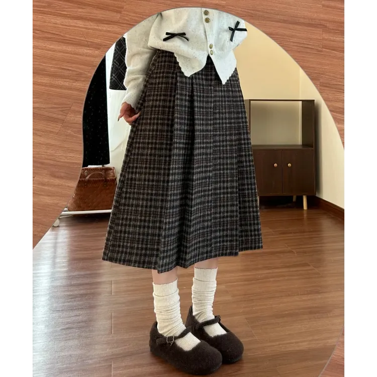 复古格子高腰A字半身裙女秋冬新款显瘦遮胯百搭学院风中长款伞裙