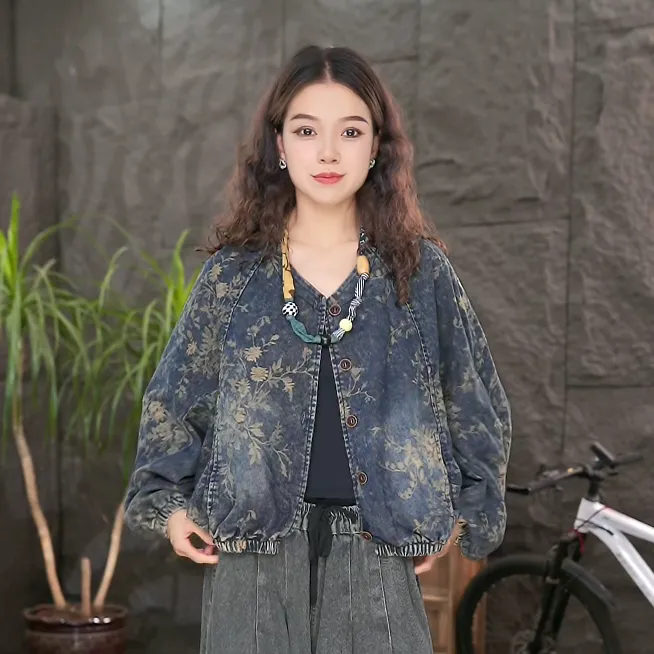 【提花牛仔外套】秋装长袖百搭宽松休闲牛仔衣短款复古女装上衣