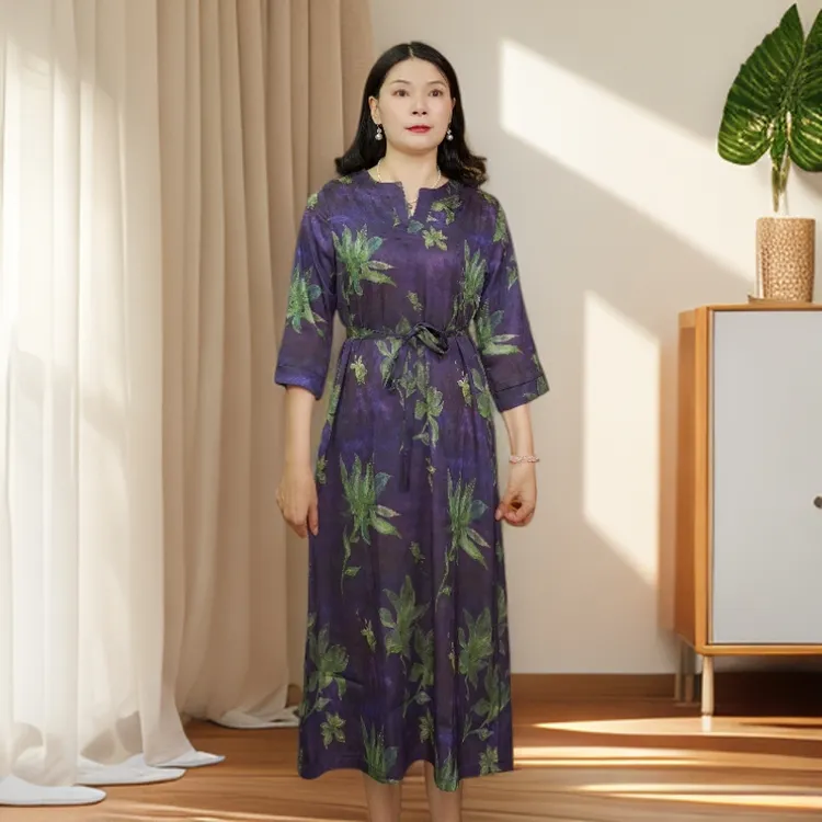 中年妈妈夏装高贵云锦丝连衣裙时尚显瘦修身遮肉气质收腰女连衣裙