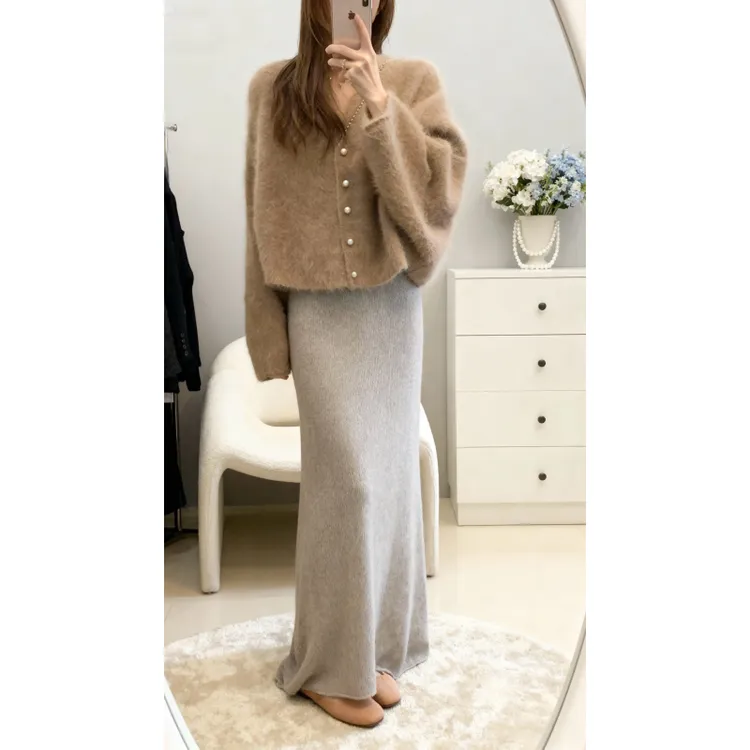 MARIE.COCO韩系复古慵懒毛绒针织开衫外套搭休闲半身裙温柔风套装