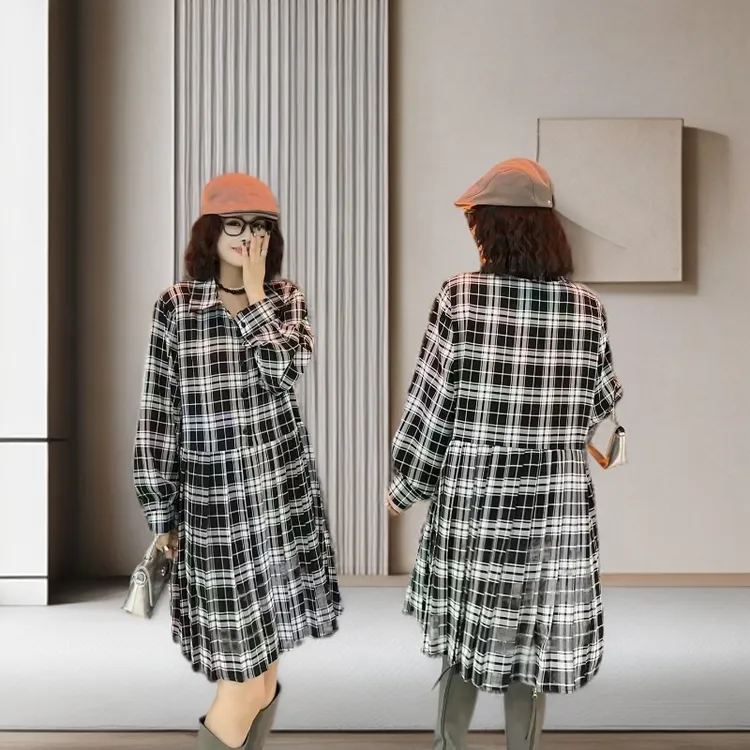 2025早秋新款时尚气质宽松遮肉格子韩版长袖衬衫裙85173
