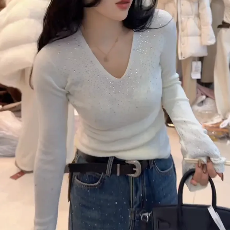 秋冬V领毛针织亮晶晶修身显瘦百搭时尚长袖针织衫LK2508969