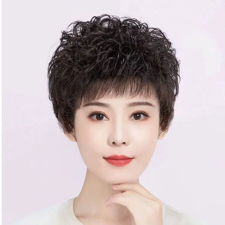 假发女短发富贵卷时尚蓬松短卷仿真人发丝中老年妈妈款假发套