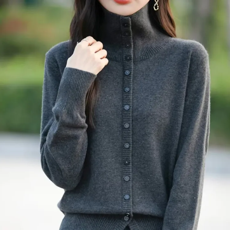 韩版慵懒风高翻领针织开衫女秋冬打底设计感大码显瘦宽松百搭毛衣