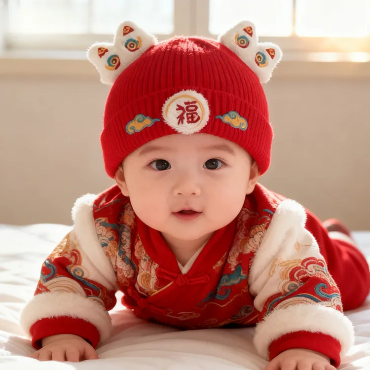 红色新年帽子秋冬季可爱喜庆婴幼儿小月龄宝宝针织毛线帽保暖防风