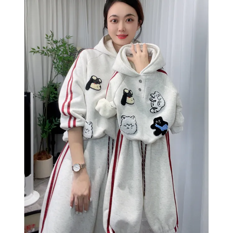 【加绒加厚】儿童韩版连帽卫衣套装2025新款男女宝宝宽松上衣潮