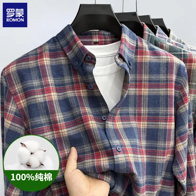 罗蒙秋季新款磨毛格纹休闲衬衫上衣复古百搭长袖格子衬衣男装2025