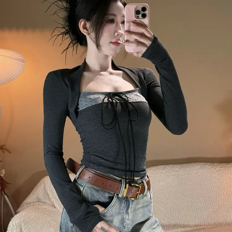 微胖MM韩系撞色蝴蝶结系带波点坎肩假两件条纹上衣显瘦短款性感
