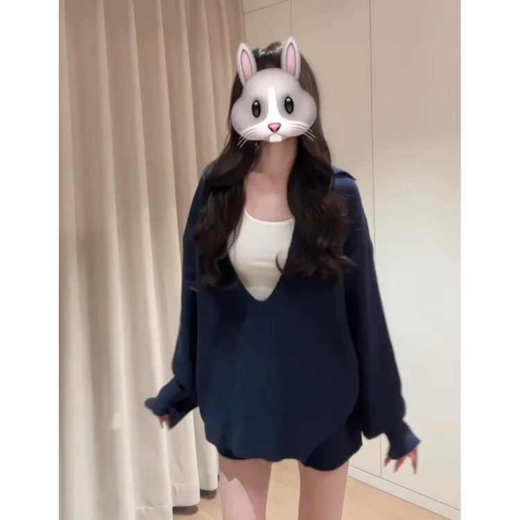 2025早秋季纯欲风毛衣套装女打底背心v领长袖针织衫短裤三件套