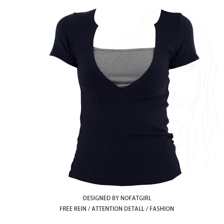 大码胖MM假两件正肩短袖t恤女夏季修身甜辣收腰设计感短款上衣潮